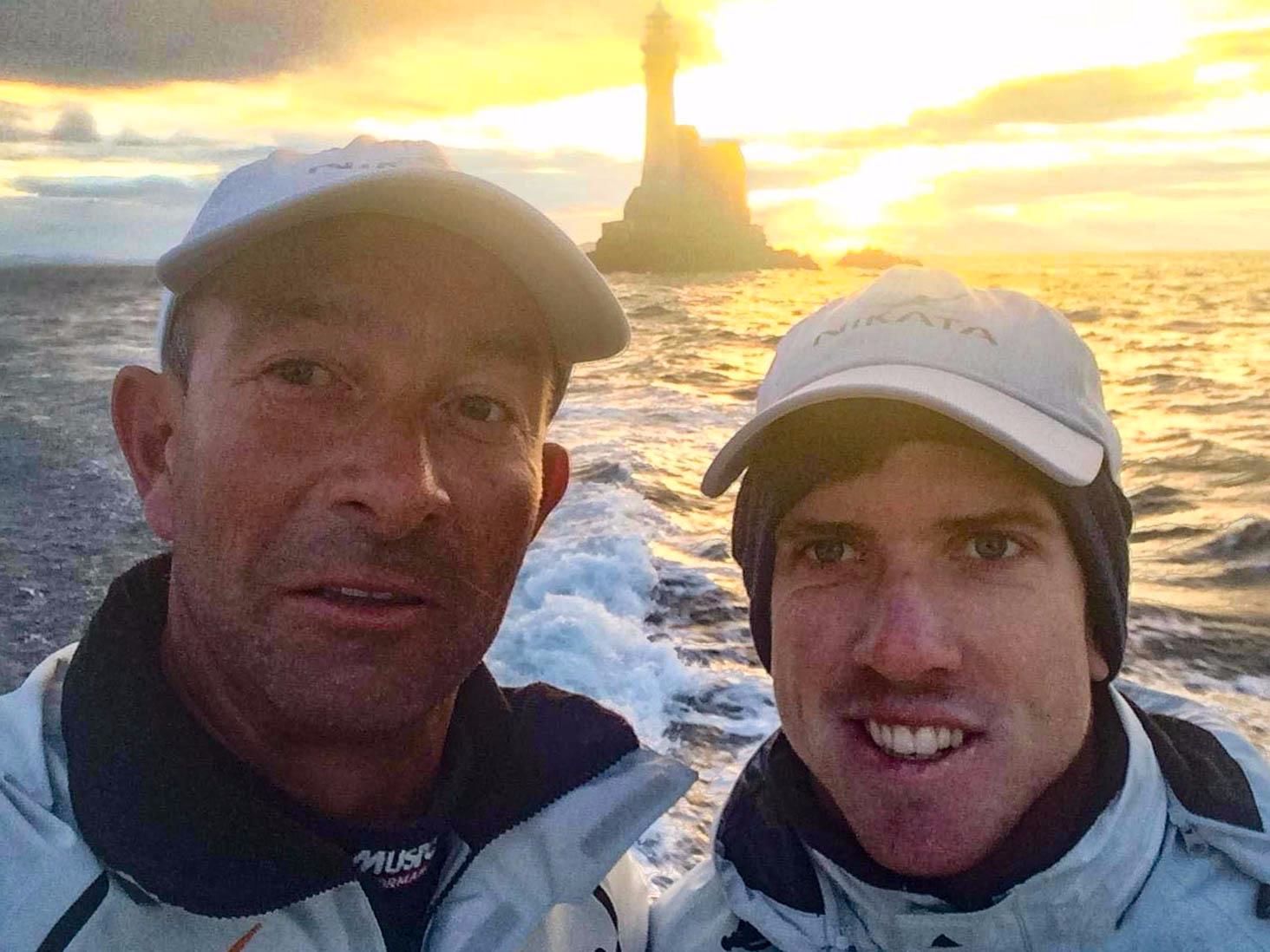 Peter Burling with Ian Budgen grab a selfie at the Fastnet Rock as Nikata rounded. Credit: Ian Budgen