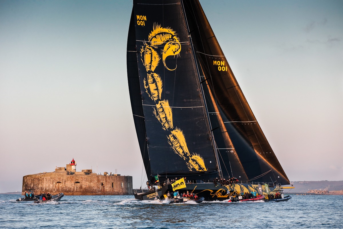 Skorpios completes the 695nm Rolex Fastnet Race on the finish line off Fort De L'Ouest, Cherbourg © Paul Wyeth/pwpictures.com