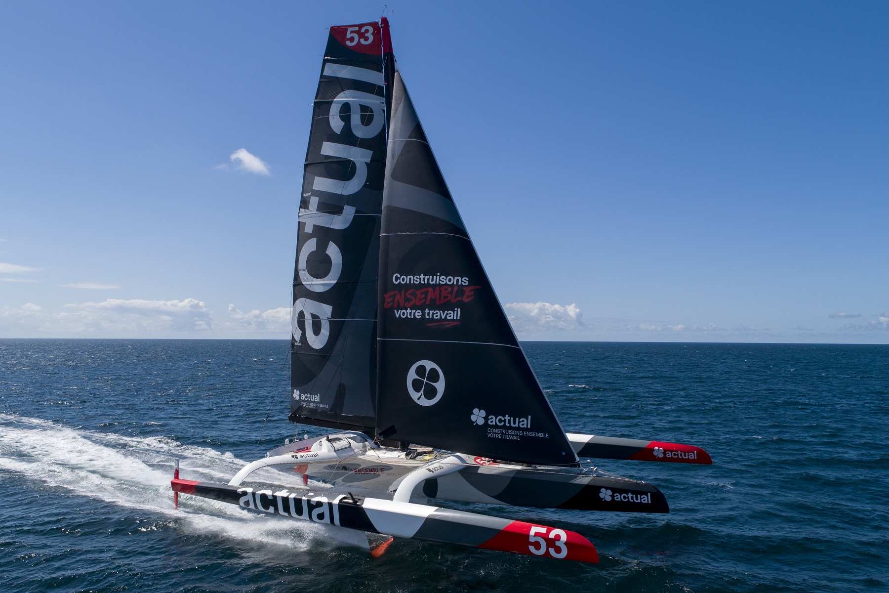 The 32m long 23m wide Actual Ultim took part as MACIF in the last Rolex Fastnet Race and skipper Yves le Blevec with Team Actual are currently getting acquainted with their new beast © Ronan Gladu/ronangladu.com