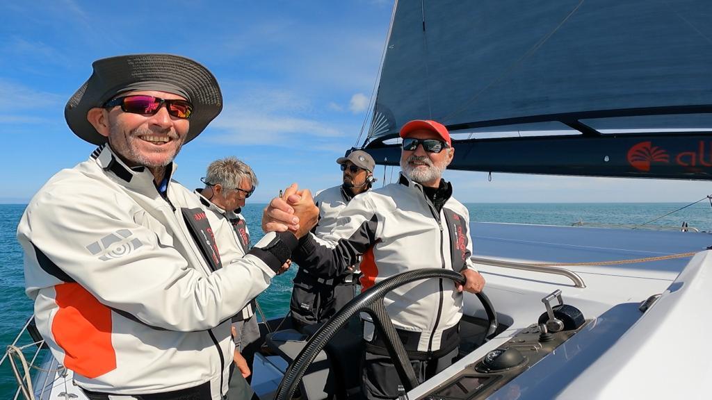 Adrian Keller at the wheel of Allegra with crew including Paul Larsen winning the MOCRA Class Copyright ©️ Allegra/Helena Darvelid