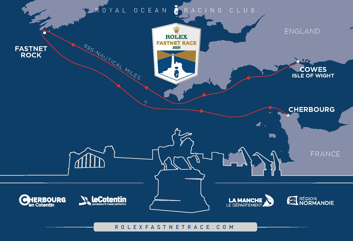 The route of the 2021 Rolex Fastnet Race from Cowes to Cherbourg-en-Cotentin via the Fastnet Rock - 695nm © RORC