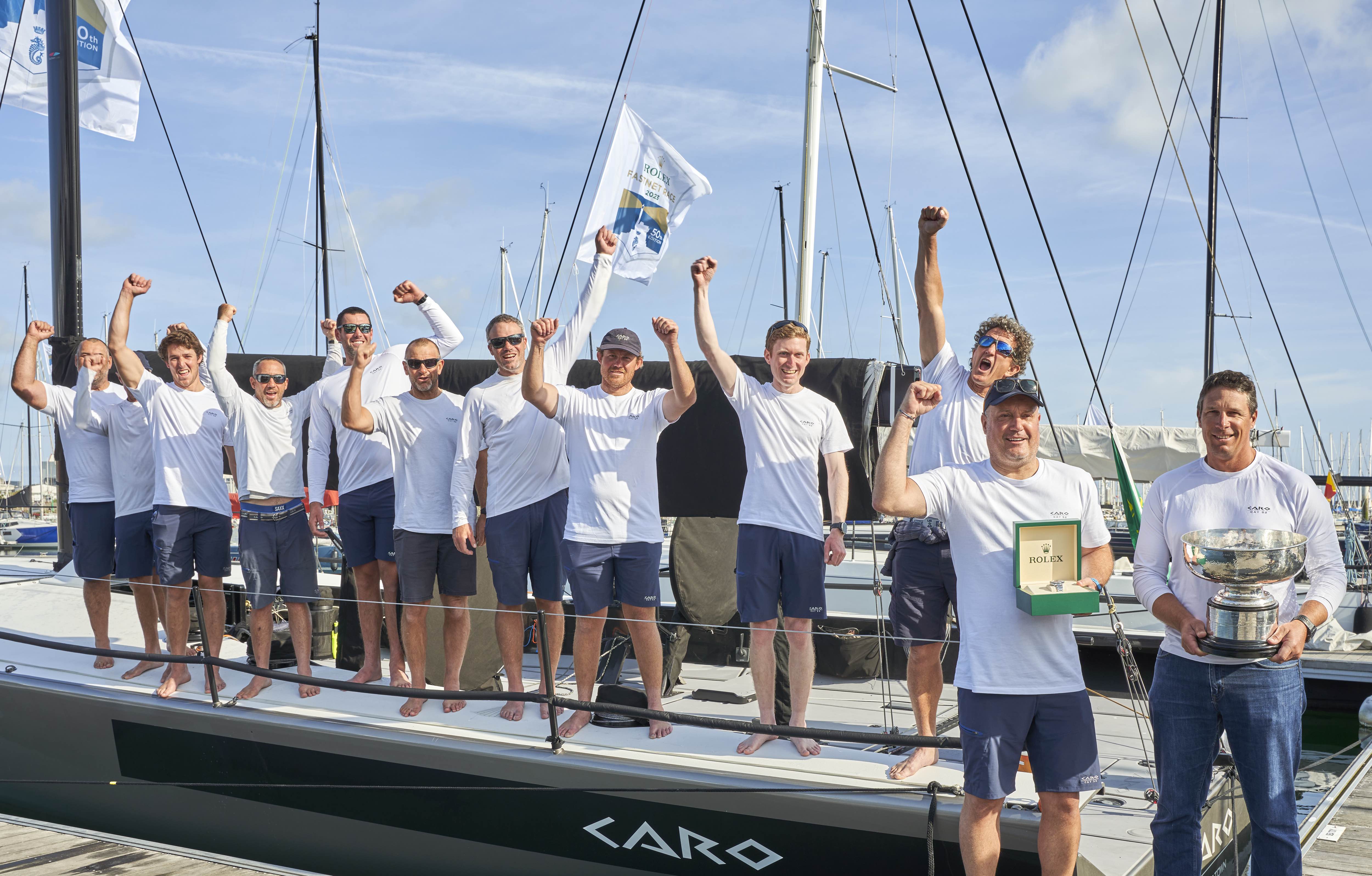 Lors de la 50e édition de la Rolex Fastnet Race, la classique offshore du Royal Ocean Racing Club, le Botin 52 Caro de Max Klink a remporté la victoire © ROLEX/Carlo Borlenghi