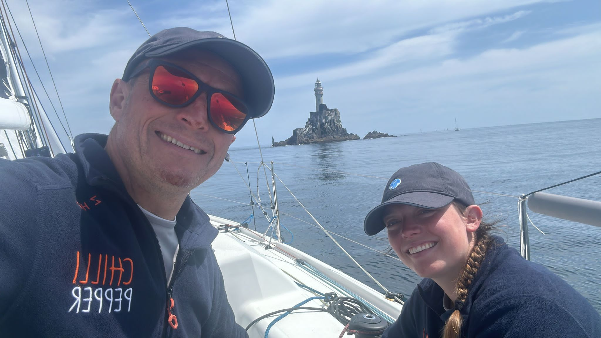 Father and daughter doublehanded team Jim and Ellie Driver have been drifting round the Fastnet Rock - to Jim's delight, in the daylight!