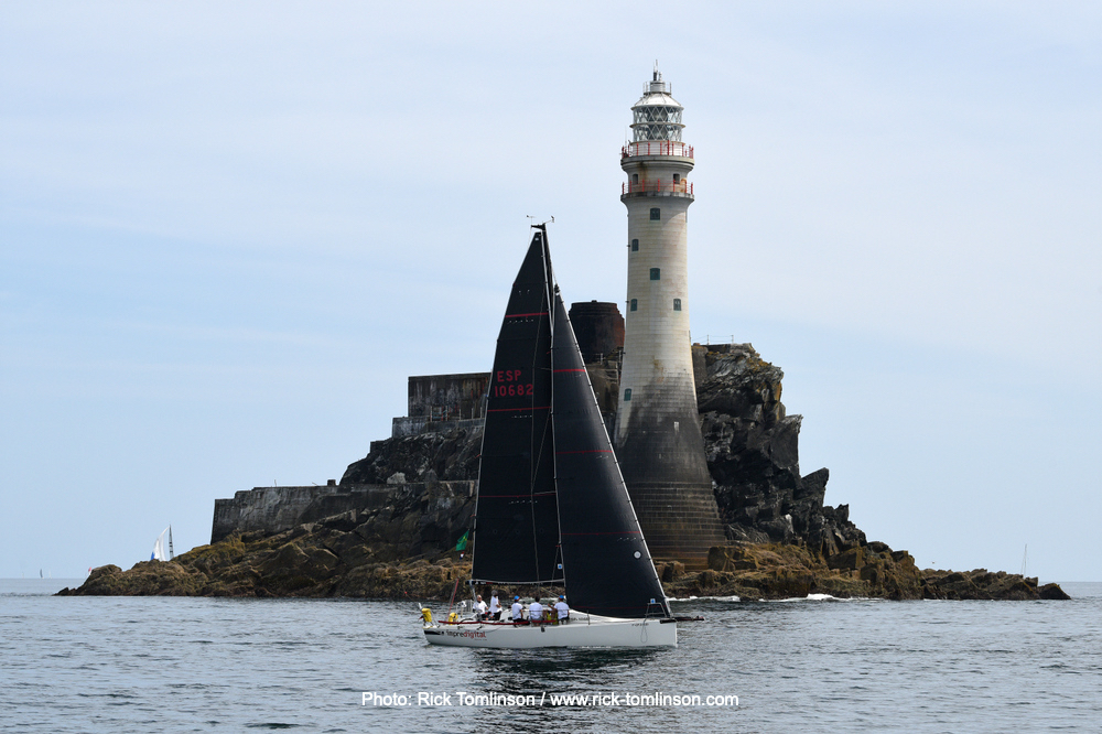 Gorilon, Emigdio Bedia's J/99 passed the Fastnet Rock in glassy conditions but is now progressing north of the Land's End TSS © Rick Tomlinson/www.rick-tomlinson.com