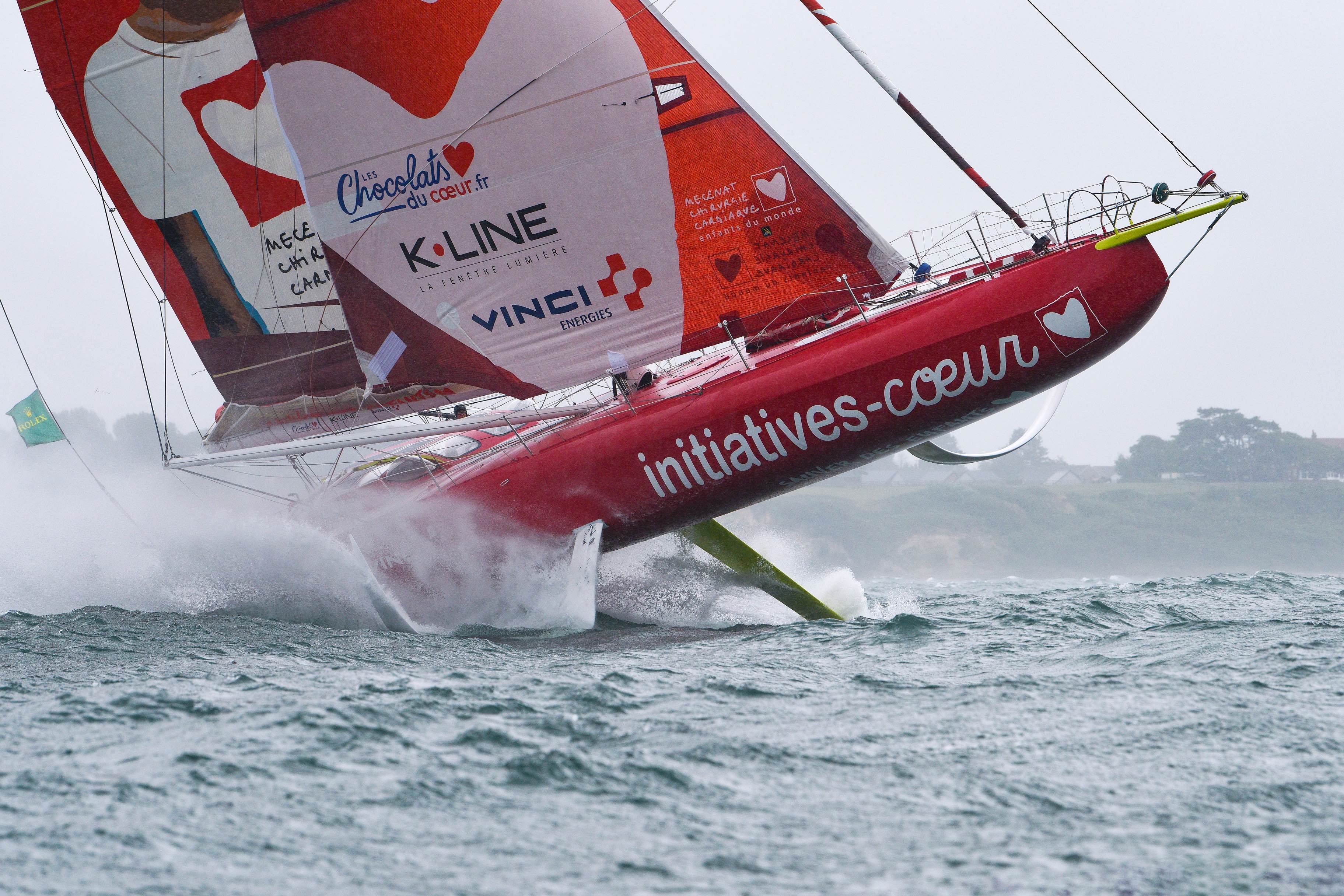 Sam Davies' new IMOCA takes flight during the start of the Rolex Fastnet Race © Rick Tomlinson/www.rick-tomlinson.com