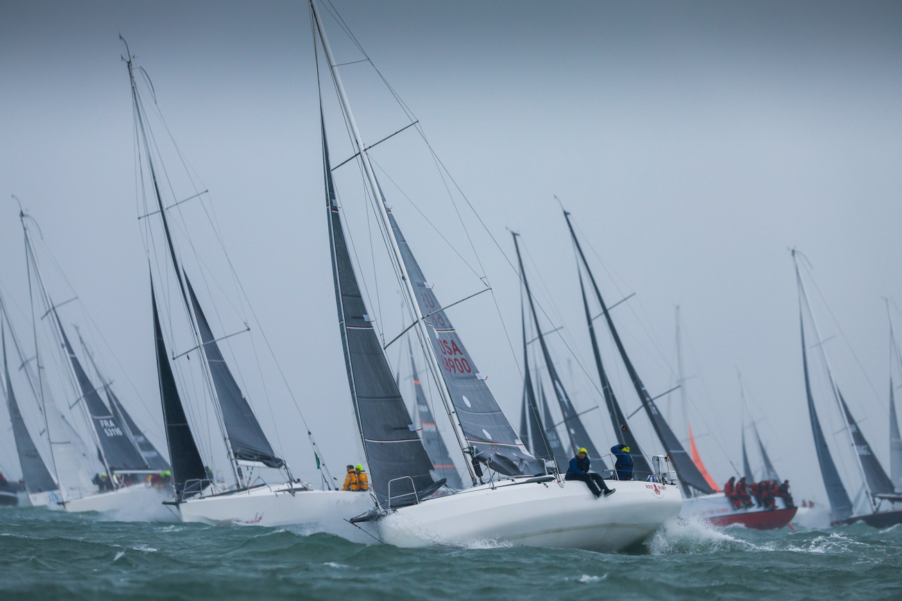 Chris and Justin Wolfe's Red Ruby mid-fleet at the start of IRC Two. © Paul Wyeth