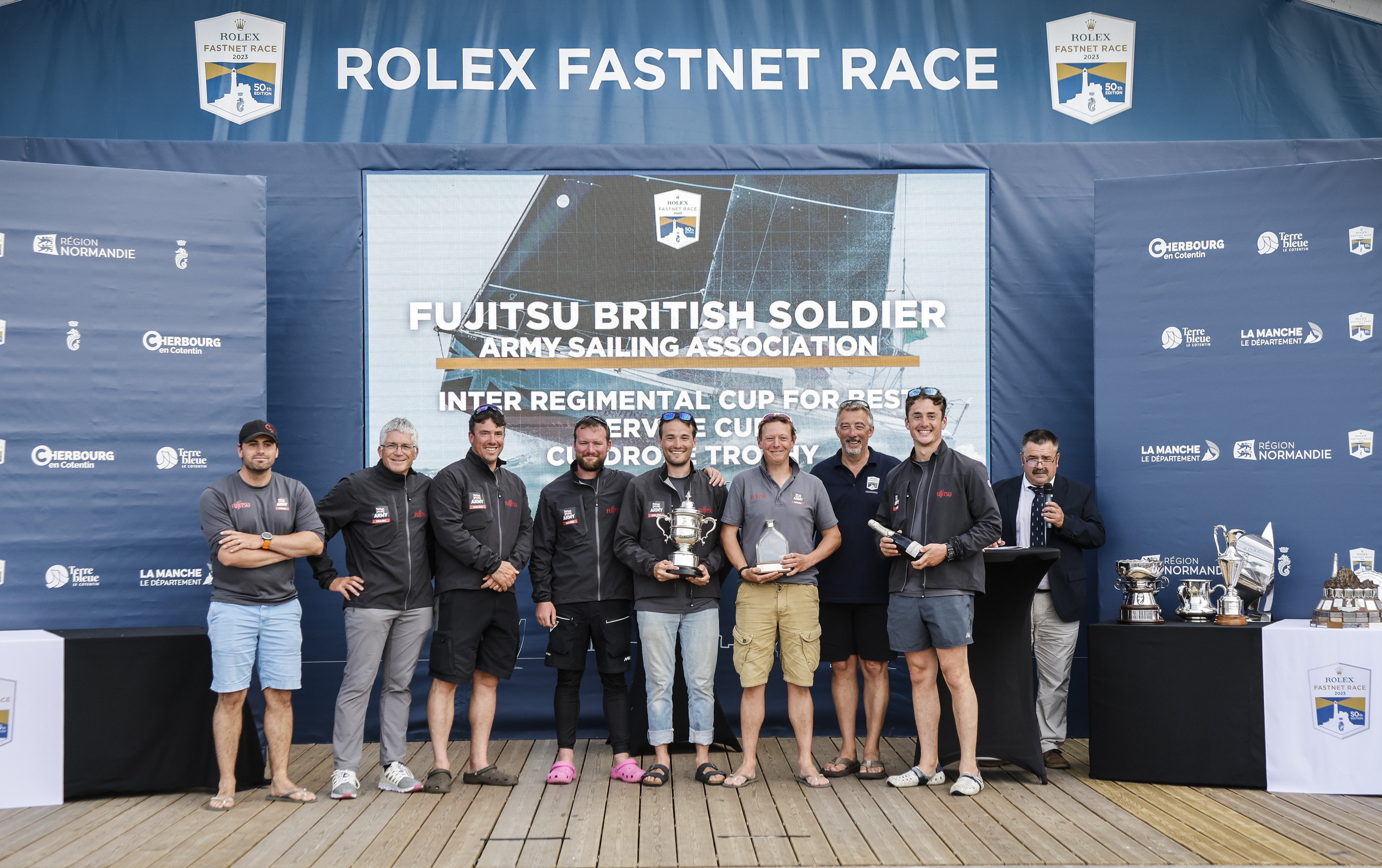 Sun Fast 3600 Fujitsu British Soldier skippered by Major Henry Foster were awarded the Inter Regimental Cup for Best Service Yacht Overall and the Culdrose Trophy for Best IRC Services Yacht round the Fastnet Rock on corrected time © Paul Wyeth/pwpictures.com