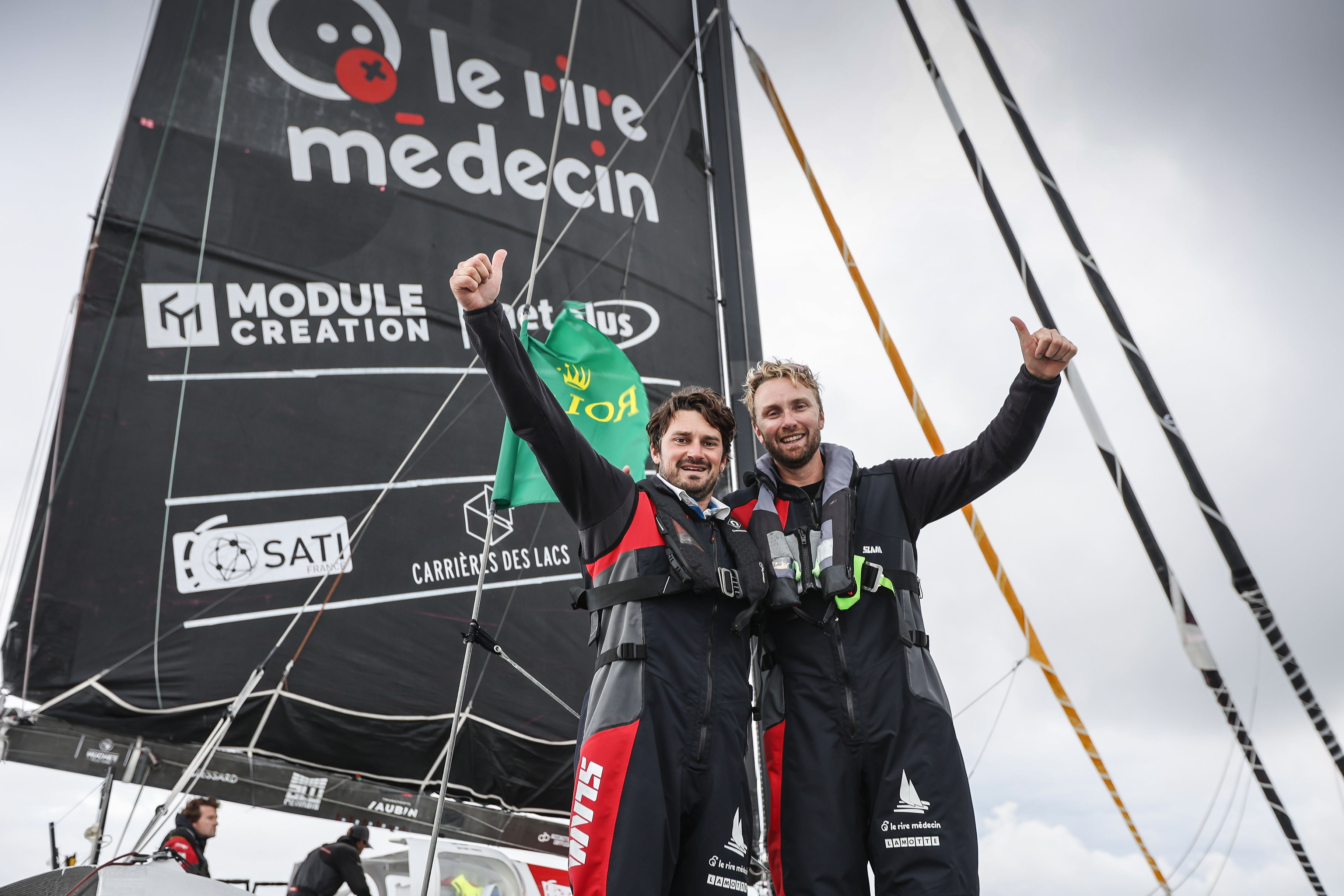 Luke Berry (right) and Antoine Joubert celebrate their narrow victory in the Ocean Fifty class on Le Rire Medecin Lamotte  © Paul Wyeth/pwpictures.com